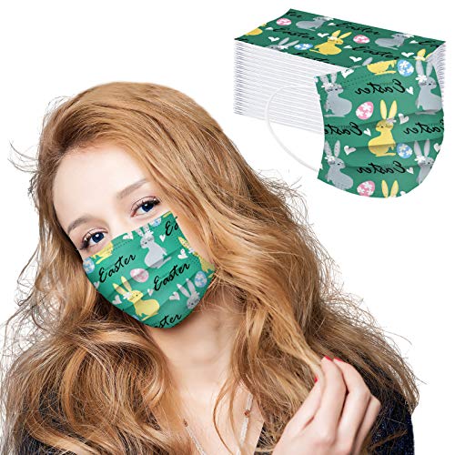 50PC Adults Easter Disposable_Face_Mask 3 Ply for Men Women Easter Rabbit Eggs Theme Printed Face_Covering,Breathable Safety Protective Bandanas