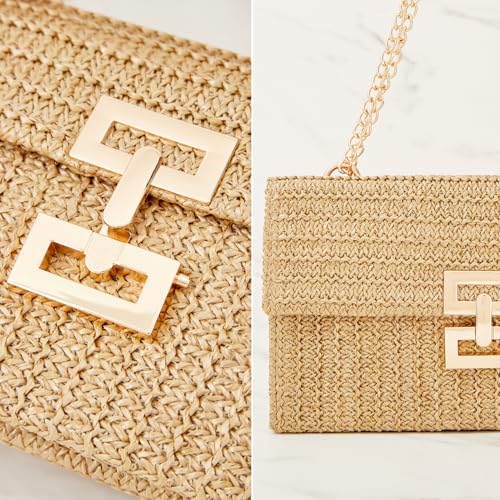 Image of Huralona Women Straw Woven Clutch Purse Pleated Handbag for Summer Beach Vacation Straw Shoulder Crossbody Bag