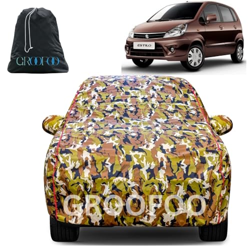 Image of GROOFOO Waterproof Car Body Cover with Mirror Pockets Compatible with Mauti Suzuki Estlio | Triple Stitch Blue Piping Car Cover UV & Dust Proof All-Weather Protection, Adjustable Buckle (Army and Red)