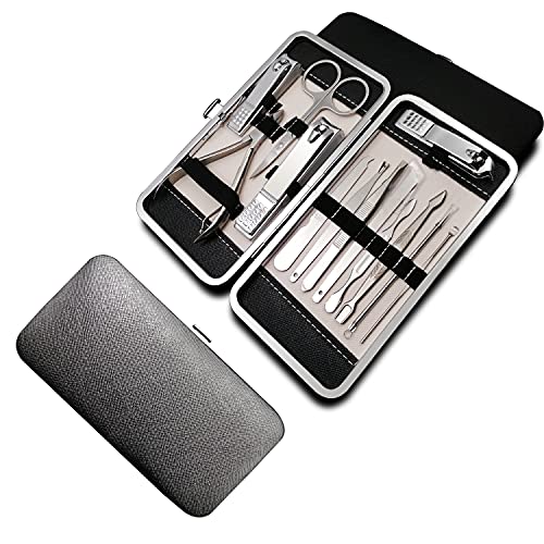 JIEXUTE Professional Nail Kit, 13 in 1 Stainless Steel Manicure Kit,Manicure Set Nail Clippers Pedicure Kit, Nail Grooming Gift Kit with Leather Travel Case for Ladies and Men, Black