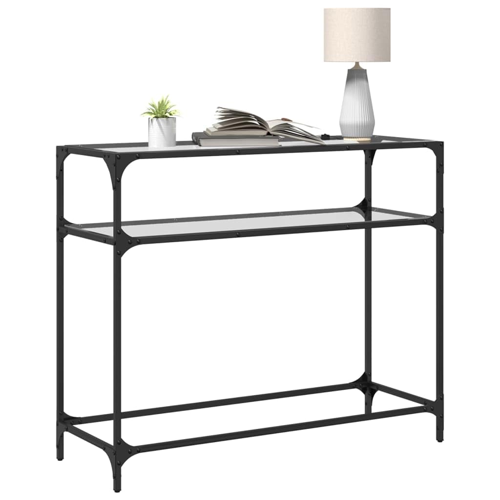 Stolik konsolowy ze szklanym blatem, 98 x 35 x 81 cm, ze stali, wąski, designerski stół ścienny do korytarza, salonu z miejscem do przechowywania i półkami