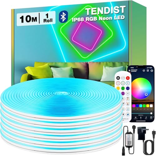TENDIST 10M Flexible Neon LED RVB, IP68 Ruban LED Exterieur Etanche Bluetooth avec Smart App et Télécommande, 24V Néon Bande Musique Sync pour Terrasse, Balcon, Toit, Panneaux Muraux