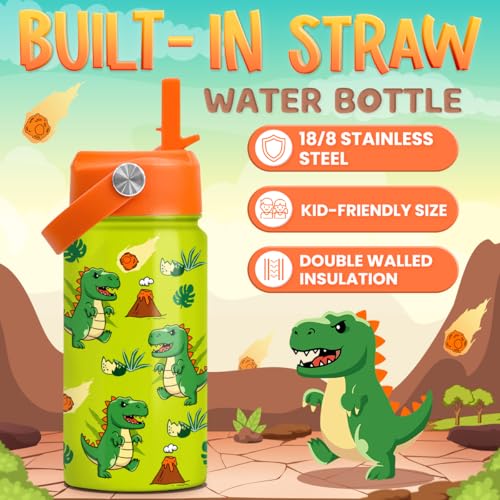 Image of SANDJEST Dinosaur Water Bottle - Water Bottle with Straw Lid for Kids - 12 Oz Insulated Stainless Steel T-Rex Bottles for Kid Boys - Travel Cup for School Sports