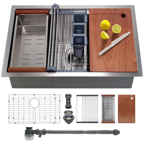 SANYCASA 36 Inch Undermount Kitchen Sink with Quiet Drain - 11 Gauge Stainless Steel Single Bowl - Multifunctional Handmade Modern Integrated Ledge Workstation Set -