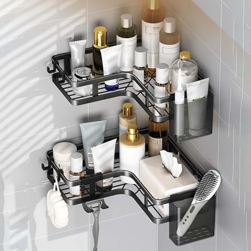 Étagère de salle de bain d'angle adhésive | Rangement douche antirouille avec crochet