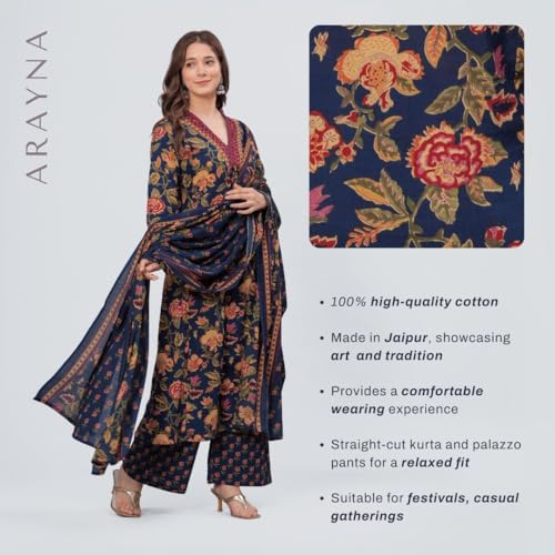 Image of Arayna Women's Pure Cotton Block Printed Kurta Set with Palazzo Pants & Dupatta - Ethnic Wear