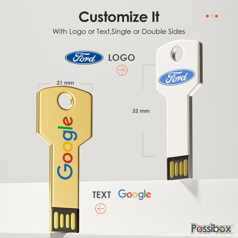 Possibox Custom Key Shaped USB Flash Drive 32GB Customized with Your Logo - as Promotional Gift Bulk 50 Pack