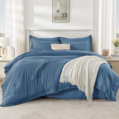 Image of Andency Queen Comforter Set with Sheets Sea Blue - 7 Pieces Boho Tassel Bed in a Bag Soft Lightweight Bedding Sets, Fringe Bed Set with Comforter, Sheets, Pillowcases & Shams
