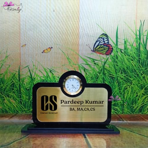 Image of Acrylic Laser Engraved Table Sign Stand, Laser Engraved Sign or Name Plate for Doctor, Teacher, Advocate, Medical, Proprotor office or personal use (Acrylic Table Name Plate with Clock)
