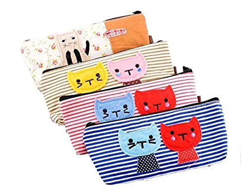 JER Juego of 4 Large Capacity Canvas Pen Pencil Stationery Bag Pouch Box Case  Cute Cat Design and Candy Color