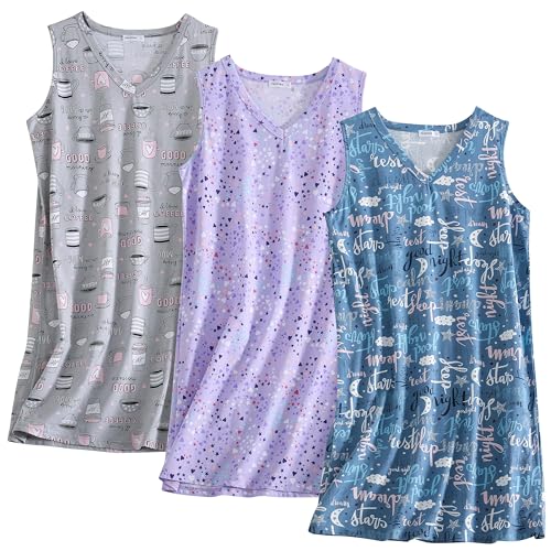 Image of PNAEONG 3 Pack Womens Cotton Nightgown V Neck Nightshirts Sleeveless Sleepwear Casual Print Sleepdress