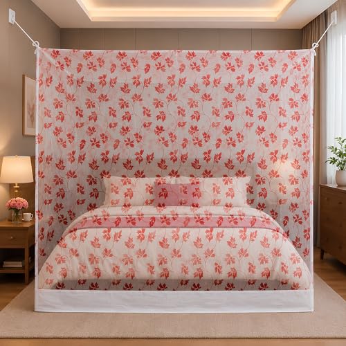 Image of Mosquito Net for King Size Bed & Double Bed, 6x7 Ft, Wall Hanging Machhardani, No Frame Required, Floral Vine Pattern, Premium Poly-Cotton Fabric, Breathable Mesh Ideal for AC Rooms (Rose Vine Pink)