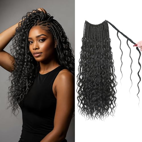 9 Packs Boho Box Braids Crochet Hair 14 Inch Pure Protein Fiber Similar to Human Hair Goddess Box Braids Crochet Hair With Curly Ends Pre Looped Bohemian Braid Hair Extension For Women(14 Inch 1B#)