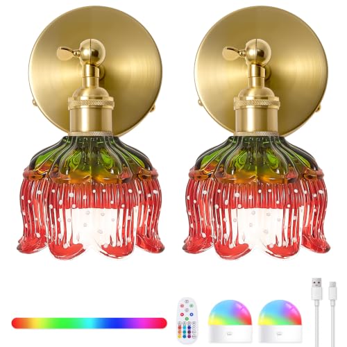 Image of Vintage Battery Operated Wall Sconce:Set of 2 Rechargeable Strawberry Light | 5000mAh Flower Glass Cordless Mounted Lighting, Wireless Dimmable Powered Gold Sconces, Remote Control, Bedroom Bedside Decor