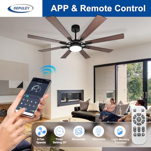 Image of Depuley 72-Inch Ceiling Fan with Light: Modern 8-Blade Walnut and Black Indoor Outdoor Fans with Remote App Control Dimmable Light - Ultra Quiet DC Motor Reversible 6 Speed Timer