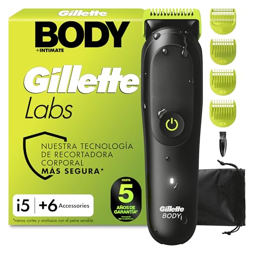GilletteLabs i5 Body + Intimate Afeitadora Corporal con 4 Peines Y Funda, Negro/Verde - Depiladora Corporal Hombre Impermeable, Tecnología Skinfirst, Recargable, Rasura el Cuerpo Y Zona íntima