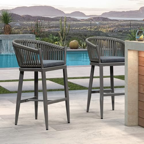 PURPLE LEAF Outdoor Bar Height Stools Set of 2 Patio Metal Modern Wicker Bar Chairs Woven Aluminum Barstools with Back and Cushions for Balcony Garden Indoor Kitchen Poolside Slate Gray