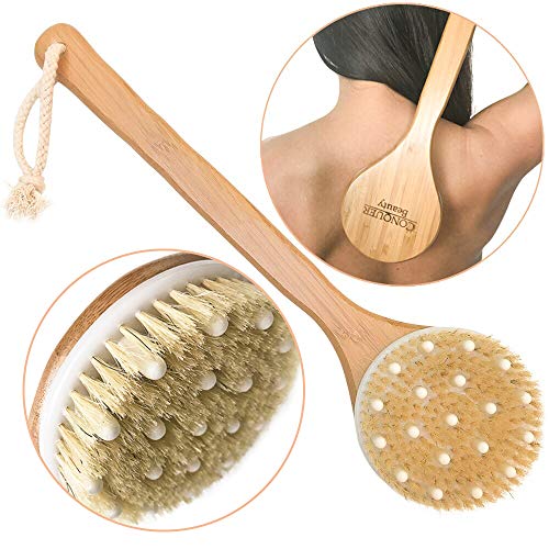 Conquer Beauty - Dry Brushing Body Brush with Massage Nodes - Bamboo Long Handle Back Scrubber for Shower Brush with Natural Boar Bristles - Skin Care Exfoliator Reduce Cellulite Bath & Spa - 1 Piece
