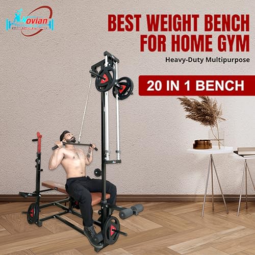 Image of 20 in 1 Home Gym Bench set, Adjustable Workout Gym Bench with Pull-Up Bar | Incline, Decline & Flat Adjustable Bench with Leather Seat, Hand Gripper & Fitness Accessories | 250KG Capacity | Black, Brown & Red