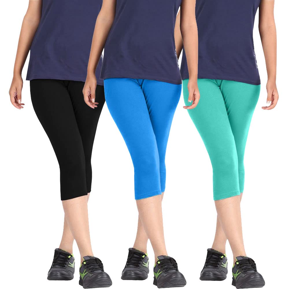 Biowashed Cotton Stretchable Capri Legging Combo Pack of 3 for Women/Girls/Ladies (Black, Sky Blue, Turquoise) - Free Size-picture-23