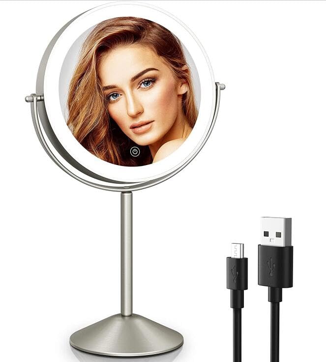 Makeup Mirror with Lights Magnification, 10X 8"Rechargeable Double Sided LED Vanity Mirror with Lights Magnifying Rotation Makeup Mirror for Desk with 3 Color Light, Detachable Base (Brushed Nickel)