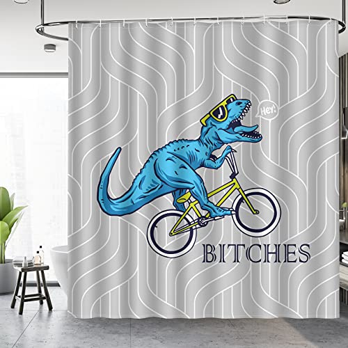 Image of Aimego Funny Shower Curtain Blue Dinosaur Ride A Bike Pattern Cute Dino Pattern Shower Curtain Set with 12 Hooks for Bathroom Decor Accessories Bathtub Curtain, 72 inchx72 inch