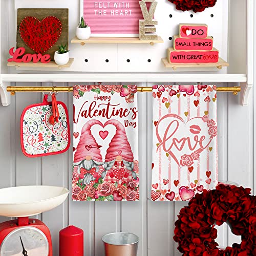 Valentines Day Kitchen Towels, Valentine Towels Set Of 2, Gnomes Love Hearts Roses Happy Valentine's Day Hand Dish Tea Towels For Bathroom Housewarming Gifts Decorations For Home (18X28 Inches) #TOP3