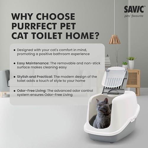 Image of Savic Nestor Covered Cat Litter Box for Indoor Cats, Enclosed Hooded Cat Toilet Home with Flip-Up Door, Odor Control & Easy Cleaning Design - Cold Grey, 22x15x15 Inch