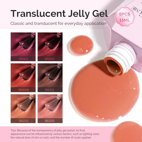 Image of MelodySusie Jelly Gel Nail Polish Set,6 Transparent Colors,Milky or Jelly Texture,Rose Red Colors Soak Off UV LED Light Cure or Salon Manicure and Nail Art DIY at Home 15ML 0.3Fl Oz