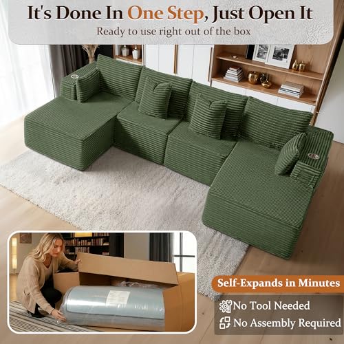 Image of 138 inch Cloud Sectional Couch, Comfort U Shaped Sofa for Living Room, Extra Deep Seats No Assembly, Minimalist Modular Couch, Corduroy (Olive Green, 6 Seats,U-Shape C)