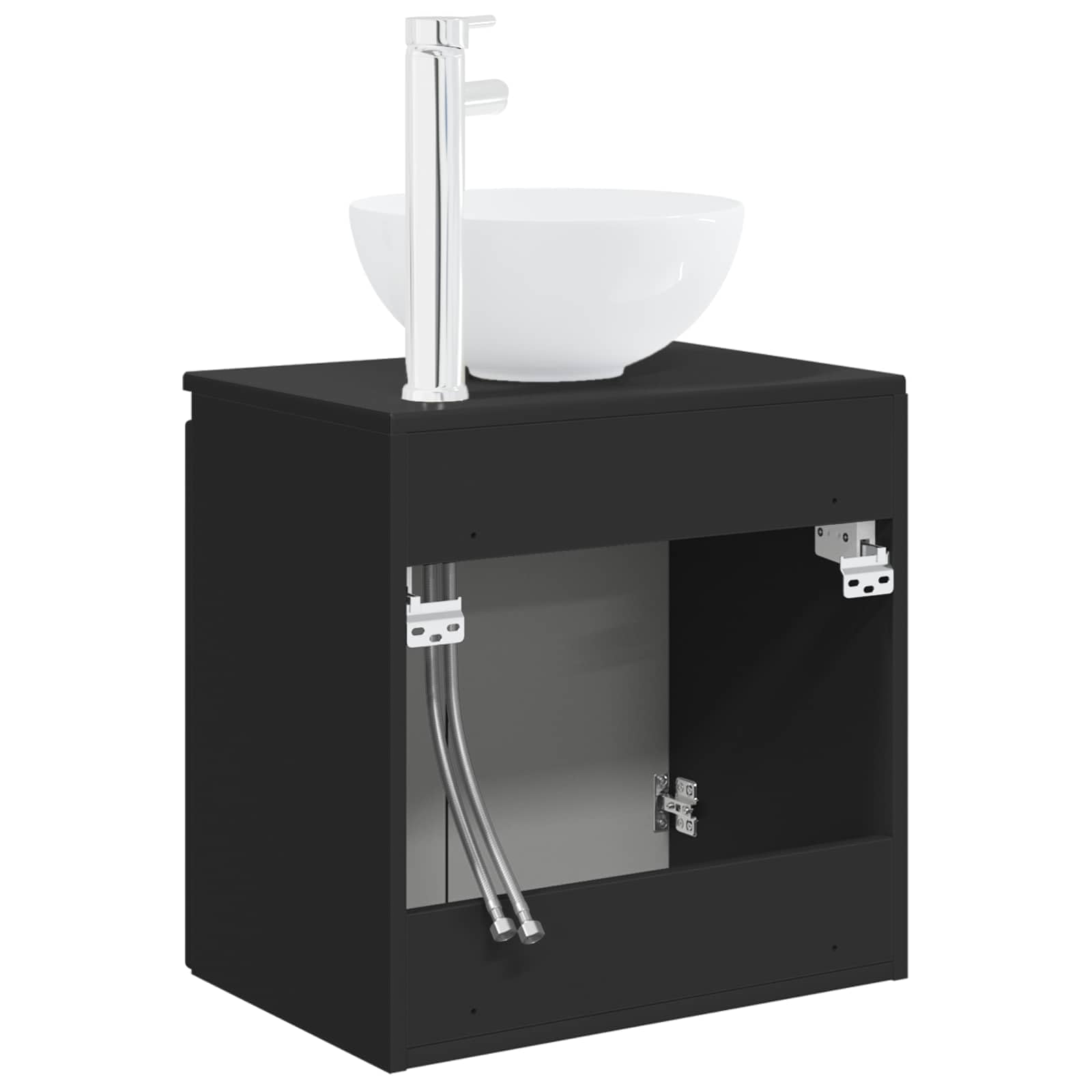 Lavabo da parete nero in legno 49,5 x 35 x 63 cm con scarico rapido, vano portaoggetti, montaggio per mobili da bagno ospiti WC e bagno ristrutturazione