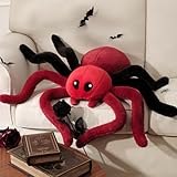 Phantoscope Happy Halloween Spider Shaped Throw Pillow, Faux Fur Fluffy Tarantula Shaped Halloween Cushion Pillow Contrast Color with Shapeable Legs, for Bedroom Sofa, Red, 18 x 9.5 inches