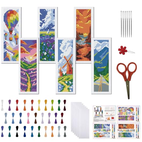 Image of FREEBLOSS 6 Set Cross Stitch Bookmark Kit for Beginner Adults Landscape Stamped Embroidery Bookmark Kits Cross Stitch Kits with Instruction Bookmarks Making Kit for Book Lovers 8x2.4in /20x6cm