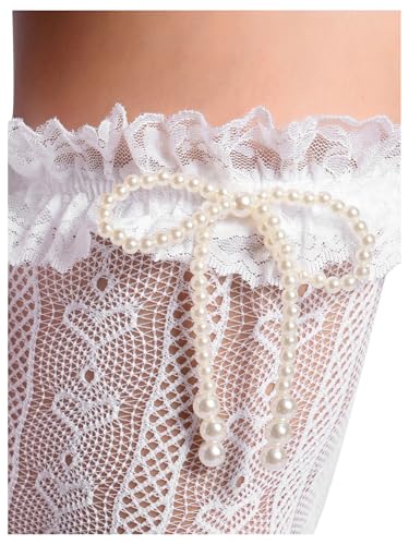 Milumia Women's Heart Print Lace Thigh High Stockings Ruffle Trim Bowknot Over Knee High Socks4