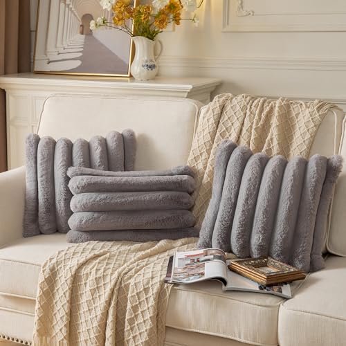 YAERTUN Set of 2 Grey Striped Decorative Cushion Covers 12x20 Inch 30x50 cm Plush Soft Throw Pillow Case with Velvet Back Faux Rabbit Fur Pillow Covers Sofa Couch Bed Livingroom - Image 4
