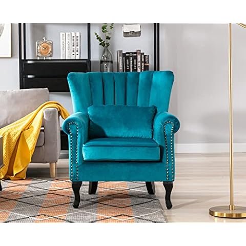 Kmax Teal Blue Accent Chair Velvet Wingback Chair with Pillow Nail-Head Channel Tufted Oversized Club Chair for Living Room Bedroom Guest Room Cover