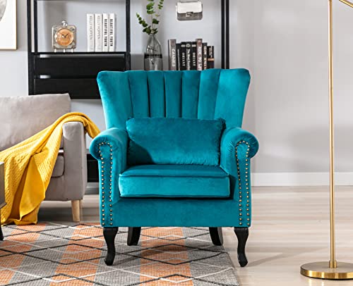 Kmax Teal Blue Accent Chair Velvet Wingback Chair with Pillow