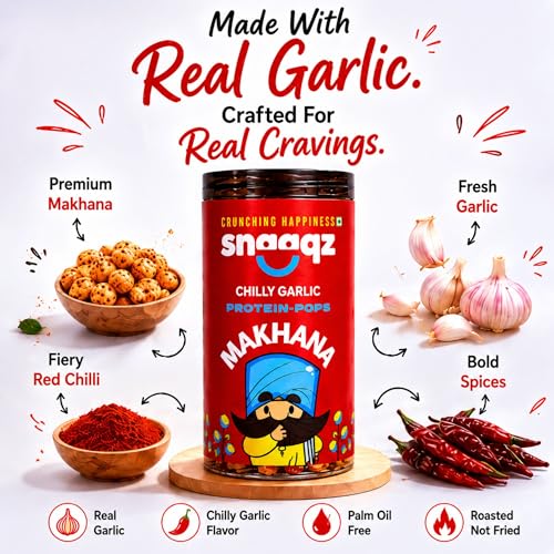 Image of SNAAQZ Chilly Garlic Roasted Makhana | Crunchy Fox Nut Healthy Snack | Spicy Phool Makhana Namkeen | Protein Rich Gluten Free Snack | Low Calorie Roasted Lotus Seeds with Chilli Garlic Flavour