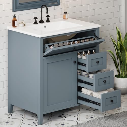 Image of 30 inch Bathroom Vanities with Top Set, Cabinet with Right-Side Multi-Functional Tip-Out Drawer and Adjustable Shelf, Soft-Closing Door, Solid Wood Legs, Blue Gray