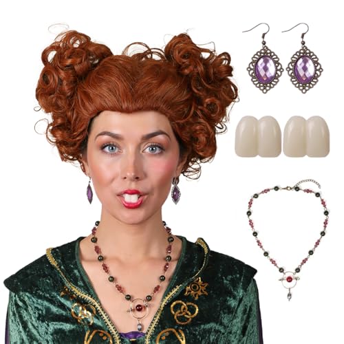 FantaLook Short Heart Styled Reddish Brown Heat Resistant Wig with Teeth Necklace Earrings for Halloween Party