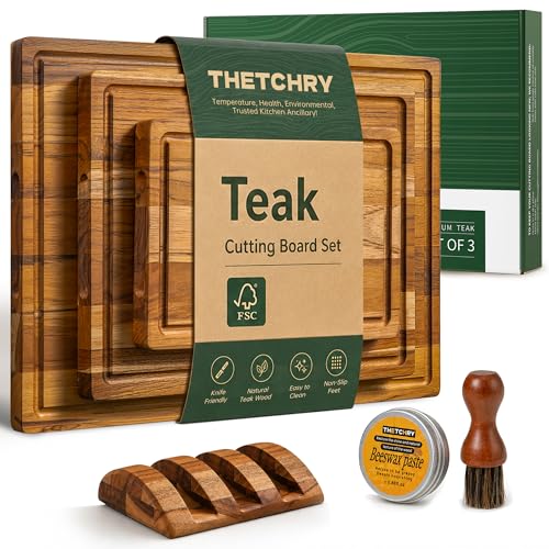 Image of Teak Wood Cutting Board Set of 3 Wooden Cutting Boards for Kitchen | Premium Teak Wood • FSC Certified • Deep Juice Groove • Built-In Handles • Non-Slip Feet • 3 Practical Sizes • Gift-Ready Box