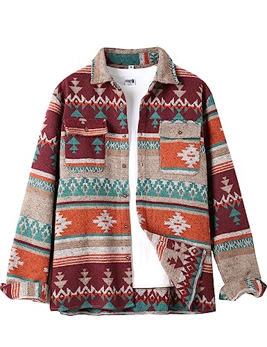 VIEWON Men's Casual Aztec Print Button Down Woolen Long Sleeve Lightweight Lapel Western Shacket Jacket Coat Dark Red L