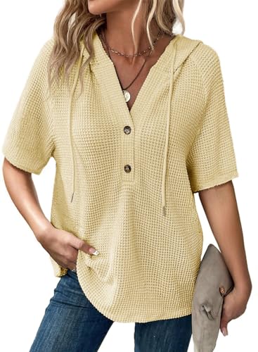 Image of Dokotoo Womens Summer Tops Waffle Knit Short Sleeve Lightweight Drawstring Hoodies Button V Neck Casual Blouses Shirts