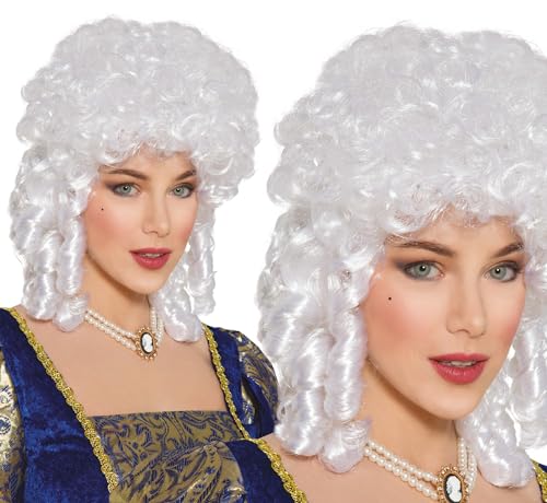 Perruque Marie-Antoinette Baroque blanche avec chignon haut volumineux
