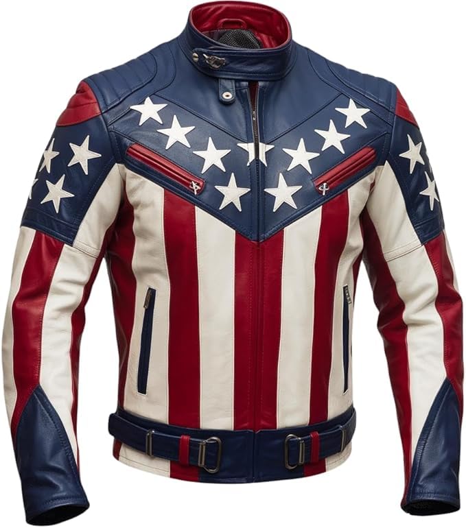 Men’s American Flag Leather Biker Jacket – Genuine Leather USA Motorcycle Rider Coat with Bold Stars & Stripes Design