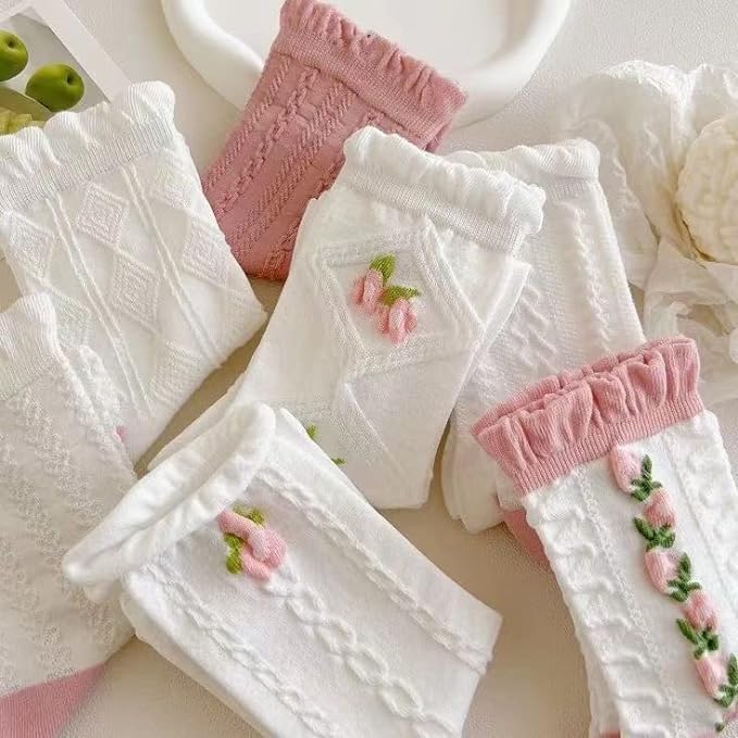 Image of 4 /5 Pack Cute Womens Floral Socks, Cotton Vintage Embroidered Casual Crew Socks, Girly Cottagecore Tulip Dress Socks