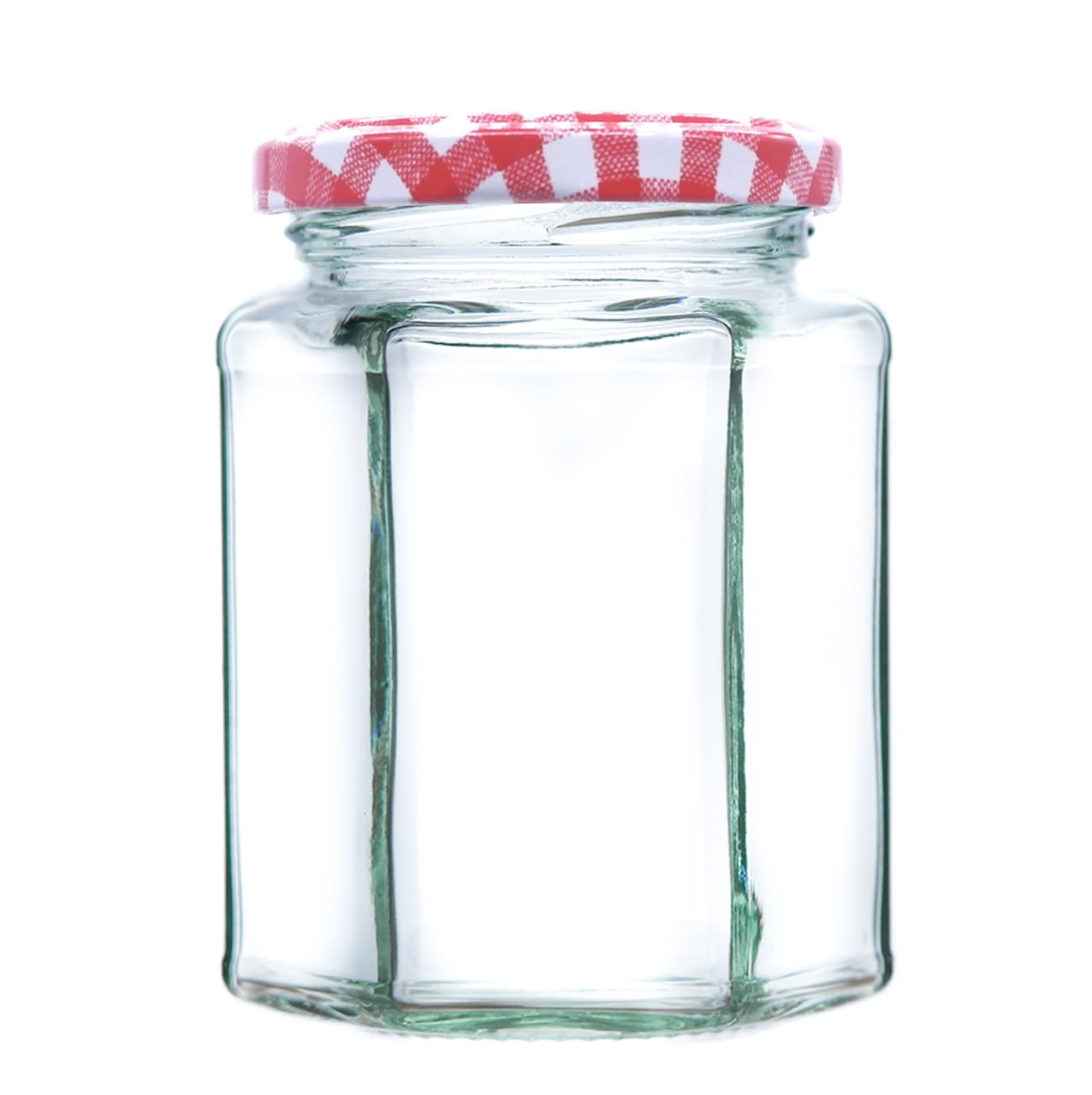 Wares Of Knutsford Red Gingham Lid 340G (280Ml) Hexagonal Glass Jam Jars - Marmalade, Honey Hex Jar (, Pack Of 24)