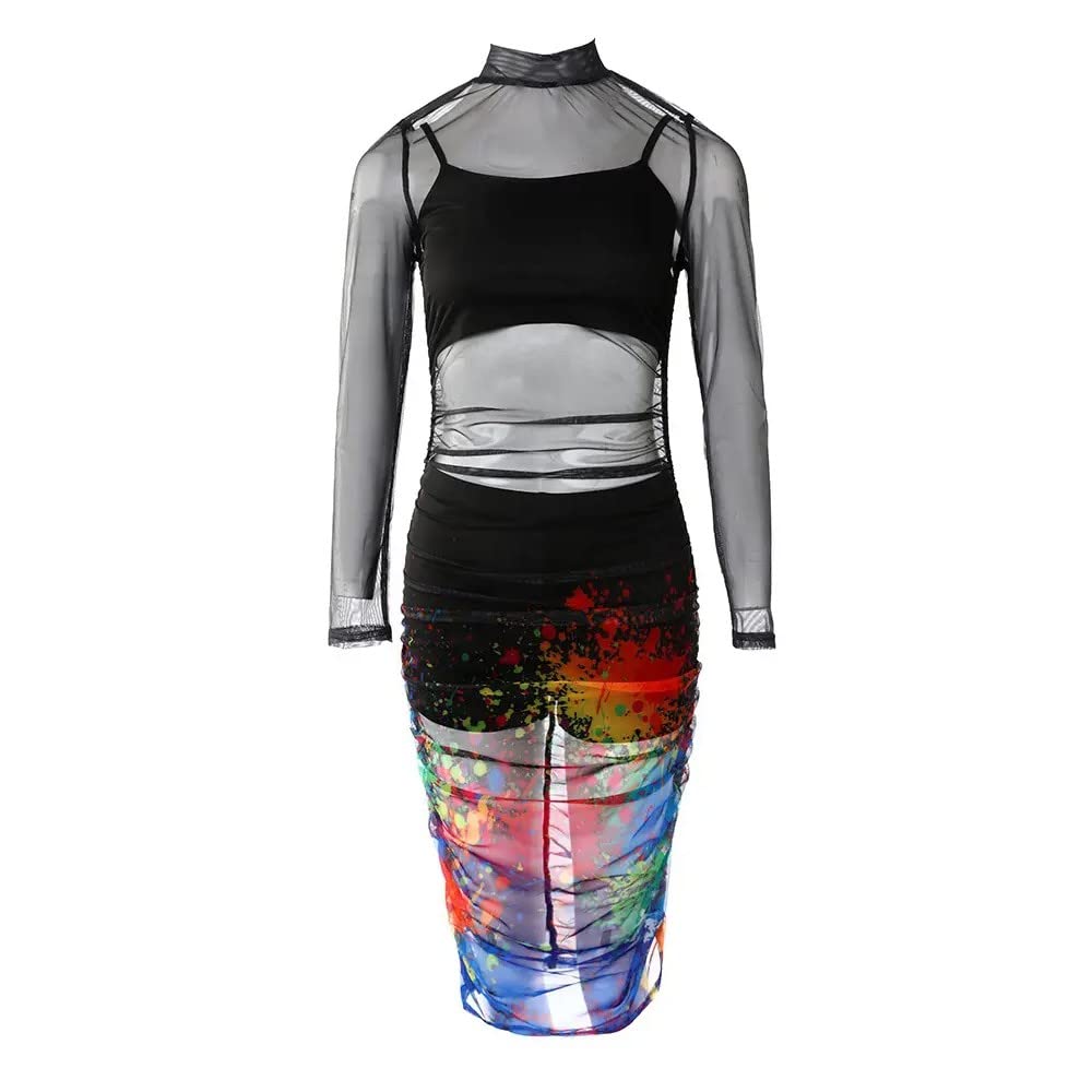 2026 Ensemble Tunique Femme 3 Pièces Crop Top Jupe Courte Imprimé Tropical Longue Transparente Bodycon