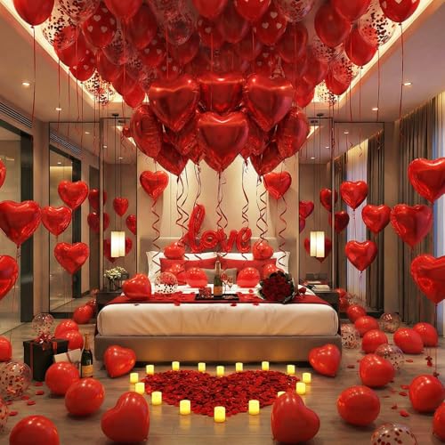 Valentines Day Decorations Set Red Heart Balloon Kit with LOVE Foil LED Candle Lights & Rose Petals Romantic Room Decor for Proposal Bedroom or Hotel