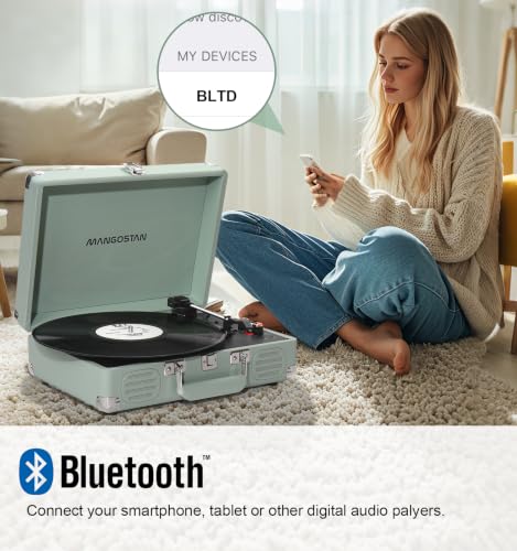 Image of Vintage Bluetooth Record Player, 3-Speed Belt Drive, Green | Classic vintage style with belt-driven performance, Bluetooth, stereo speakers, AUX-in, RCA output and headphone jack.